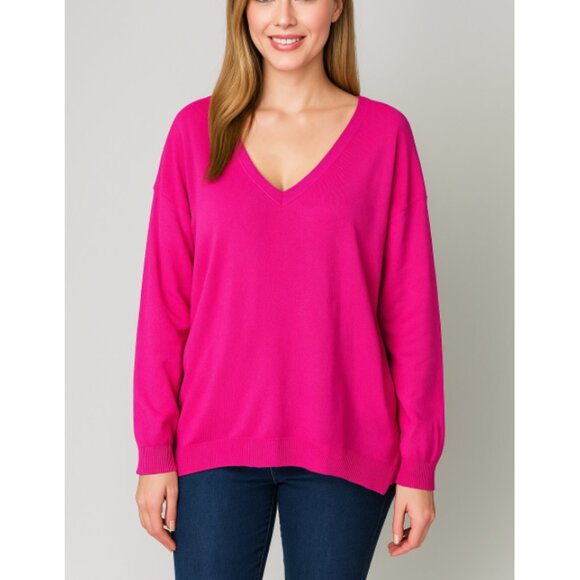 DAVI & DANI Women's Fuchsia Pink V-Neck Knit Casual Pullover Sweater Size 2XL - Picture 1 of 9